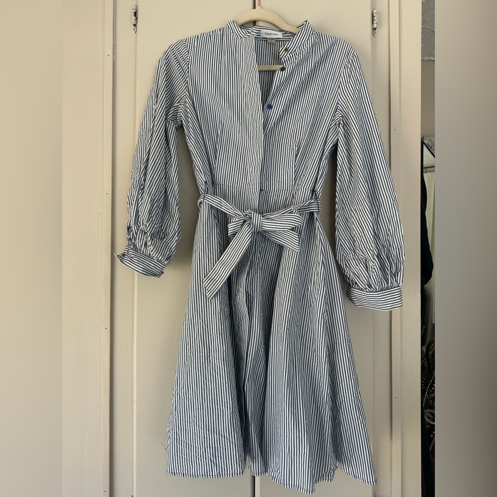 Calvin Klein Blue Striped Long Sleeve Dress